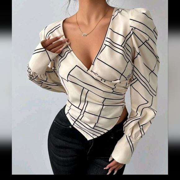 Tops - Classic Geometric Print Asymmetrical Sleeve Puff Sleeve Blouse One Shoulder Blou